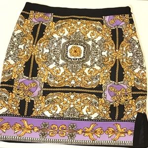 Laundry Versace style gold lavender with black chain print silky mini skirt sz 8